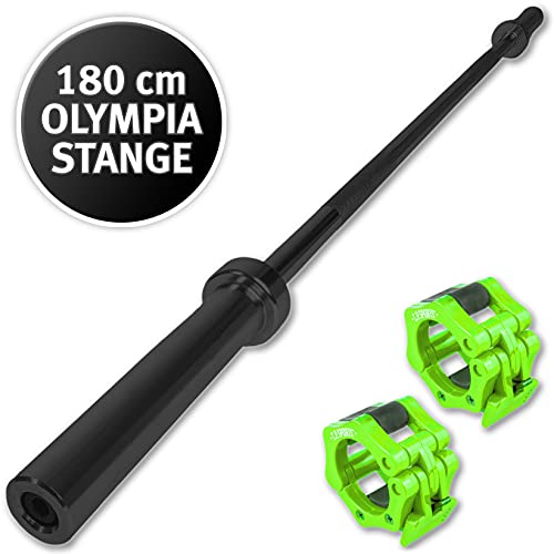 C.P. Sports Olympia - Barra de pesas 180cm, para discos con orificio de 50mm, acero macizo, color negro, incluye cierres rápidos, para culturismo, levantamiento de pesas, deportes de fuerza, fitness