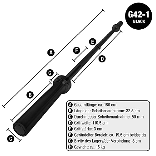 C.P. Sports Olympia - Barra de pesas 180cm, para discos con orificio de 50mm, acero macizo, color negro, incluye cierres rápidos, para culturismo, levantamiento de pesas, deportes de fuerza, fitness