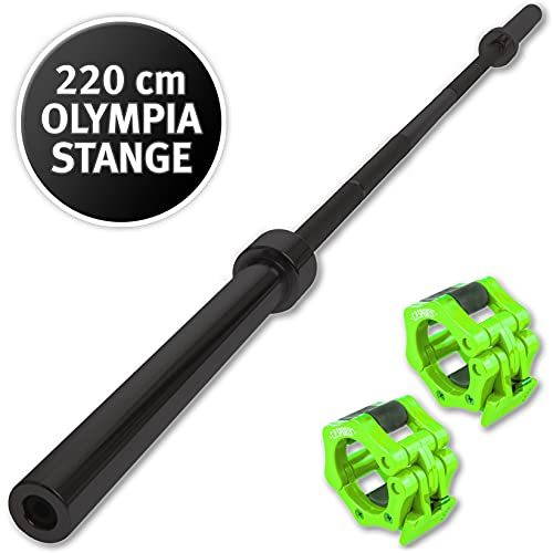 C.P. Sports Olympia - Barra de pesas 220cm, para discos con orificio de 50mm, acero macizo, color negro, incluye cierres rápidos, para culturismo, levantamiento de pesas, deportes de fuerza, fitness