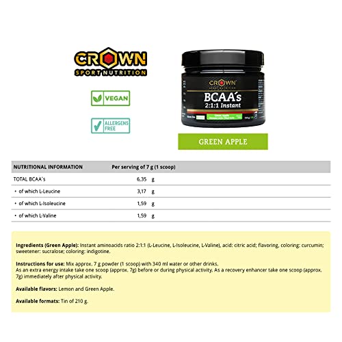 Crown Sport Nutrition BCAA 2:1:1 Instant, aminoácidos ramificados de disolución instantánea para deportistas, Sabor de Manzana Verde - 210 g