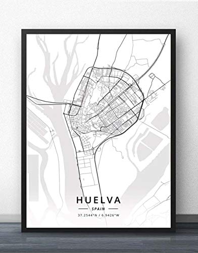 Cuadro sobre Lienzo,Huelva España Mapa De La Ciudad Modernos Carteles En Blanco Y Negro Obras De Arte Imágenes Sin Marco Impresiones Personalización Pinturas Regalo Decoración D