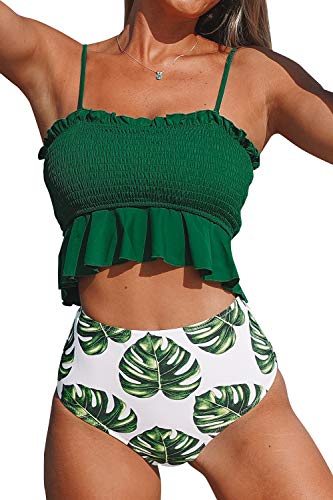 CUPSHE Mujer Bikinis Tejido Tipo Nido de Abeja Traje de baño de Dos Piezas Verde XL