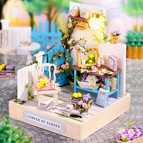 Cuteefun Casa en Miniatura para Principiantes para Construir, Kit de Casas de Manualidades DIY con Muebles Guardapolvo y Herramientas, Idea de Regalo Creativa (Esquina del Jardín)