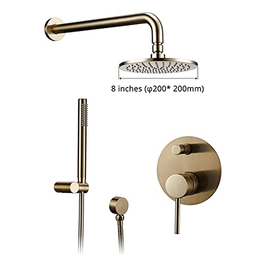 CXGZZM Baño Bañera Grifo Latón Diverente MEZCLADOR TAP CONJUNTO DE TABILLO DE LLUVIA DE ORO CEPILLADO CABALLO DE VÁLVULA DE VÁLVULA DE VÁLVULA DE MANO 8-12"Brazo De La Pared De La Cabeza De La Ducha