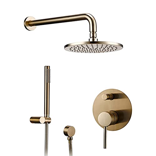 CXGZZM Baño Bañera Grifo Latón Diverente MEZCLADOR TAP CONJUNTO DE TABILLO DE LLUVIA DE ORO CEPILLADO CABALLO DE VÁLVULA DE VÁLVULA DE VÁLVULA DE MANO 8-12"Brazo De La Pared De La Cabeza De La Ducha