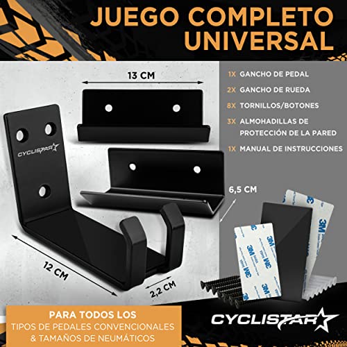 CYCLISTAR Soporte de pared para bicicletas de hasta 40 kg - robusto soporte de pared para MTB, bicicleta de carretera, e-bike - soporte de pared para bicicletas con suspensión de pedales + 2 soportes