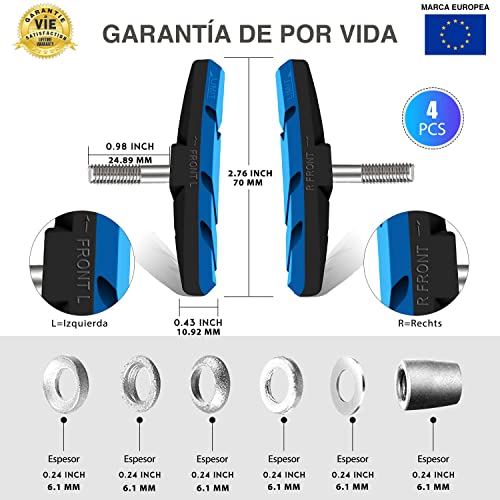 CZ Store Juego de Frenos en V para Bicicletas | 2 Pares |✮✮GARANTÍA DE por Vida✮✮- Juego Completo de Pastillas de Freno de Goma para Pinza - Bloques con Arandelas, Tuerca - Azul