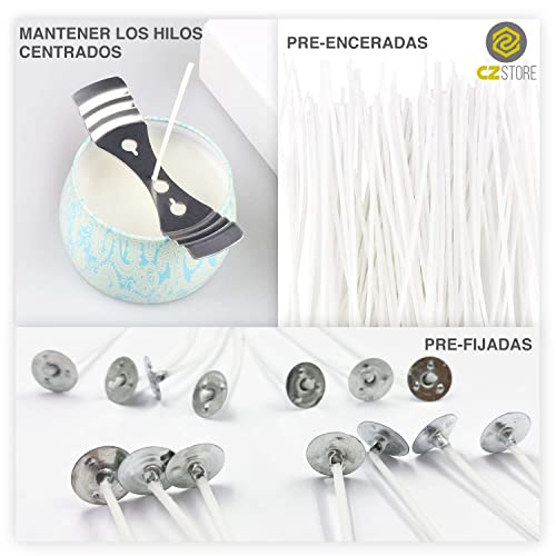 CZ Store Juego de Mechas para Velas |Pack de 100|15CM|✮GARANTÍA POR VIDA✮- Algodón Orgánico Natural, Pre Encerado con Cera de Soja - Duradero, Limpio, Sin Humo Negro - Guía Fabricación de Velas