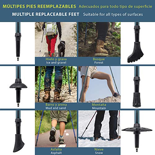 Daikoku. Bastones Trekking. 2 Bastones Senderismo Extensibles para Caminar. Ajustables 65cm-135cm Resistentes en Aluminio, Agarre ergonómico, con 6 Puntas. Regalo Mochila Trail Daikoku