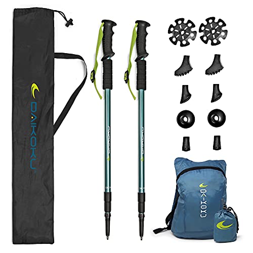 Daikoku. Bastones Trekking. 2 Bastones Senderismo Extensibles para Caminar. Ajustables 65cm-135cm Resistentes en Aluminio, Agarre ergonómico, con 6 Puntas. Regalo Mochila Trail Daikoku