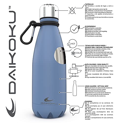 Daikoku Botella Acero Inoxidable + Cinta ajustable + Mosquetón + Anillo Silicona - Termo Doble Pared Libre de BPA - 12 Horas Caliente - 24 Horas Fría – Botella Reutilizable - 350ml - Color Azul