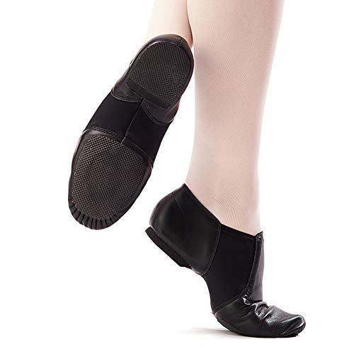 DANCEYOU Zapatos de Jazz de Cuero Negro con Poco Tacón Zapatillas de Danza con Suela Partida y Cinturón de Empalme Elasticidad para Niños y Adultos EU39