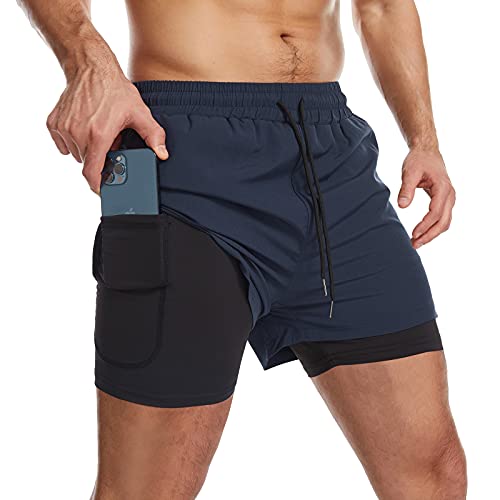 Danfiki Pantalones cortos para hombre con bolsillo para teléfono, 2 en 1, de secado rápido y ligero, azul marino, 42