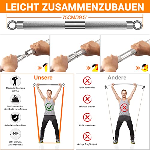 DASKING Barra de bandas de resistencia, barra de ejercicio desmontable, color plateado, (carga máxima de 500 libras), incluye solo barra de 75 cm, 2 mosquetones, instrucciones y bolsa de deporte.