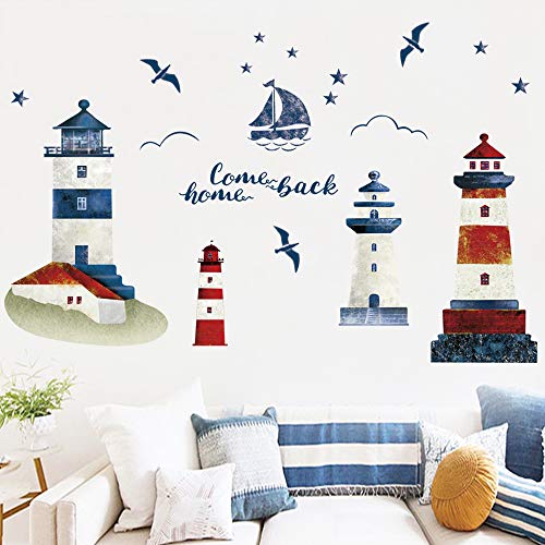 decalmile Pegatinas de Pared Faro Náutico Vinilos Decorativos Barco Gaviota Velero Adhesivos Pared Dormitorio Baño Salón Casa TV