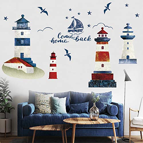 decalmile Pegatinas de Pared Faro Náutico Vinilos Decorativos Barco Gaviota Velero Adhesivos Pared Dormitorio Baño Salón Casa TV