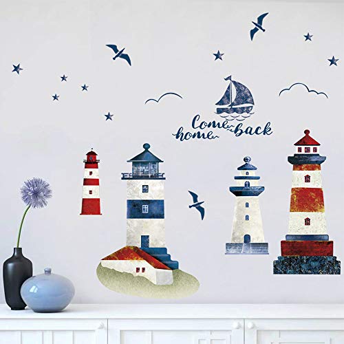 decalmile Pegatinas de Pared Faro Náutico Vinilos Decorativos Barco Gaviota Velero Adhesivos Pared Dormitorio Baño Salón Casa TV