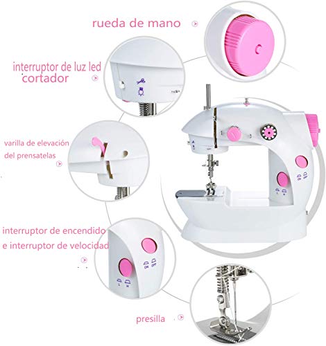 Decdeal 1 Mini Máquina de Coser Multifuncional Eléctrica Portátil de Doble Hilo Ajustable de 2 Velocidades con Luz y Pedal de Corte