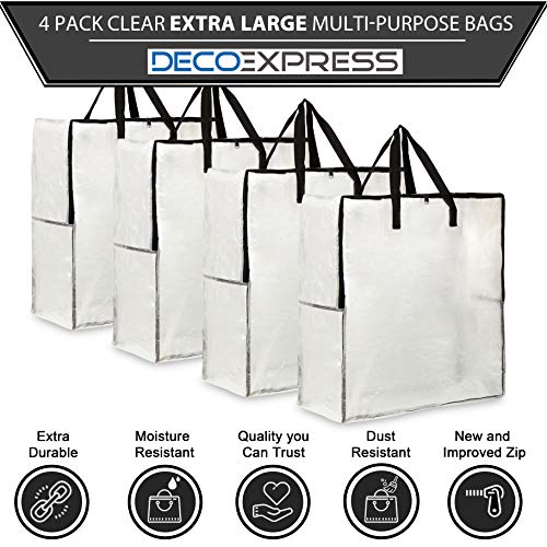 DECO EXPRESS Bolsas Almacenaje Ropa Gran Capacidad, Pack de 4 Bolsas Para Guardar Ropa Juguetes Mantas, Bolsas Transparentes Para Mudanza Con Cremallera y Asas, Bolsas Lavadora Para Colada