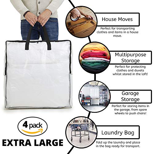 DECO EXPRESS Bolsas Almacenaje Ropa Gran Capacidad, Pack de 4 Bolsas Para Guardar Ropa Juguetes Mantas, Bolsas Transparentes Para Mudanza Con Cremallera y Asas, Bolsas Lavadora Para Colada