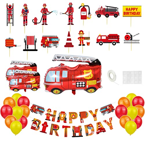 Decoración para Fiestas de Cumpleaños para Bomberos, XiXiRan Globos de Aluminio de Camión de Bomberos, Pancartas de Cumpleaños para Bomberos, Decoracion Cumpleaños（Camión de bomberos）