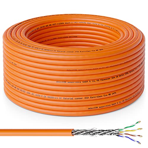 deleyCON 50m CAT.7 Cable de Instalación Cobre Rígido S/FTP PIMF Cable de Red Cable de Instalación Cable LAN Cable de Ethernet Cable de Datos Gigabit CAT7 10Gbit 1000MHz LSZH Libre de Halógenos DoP