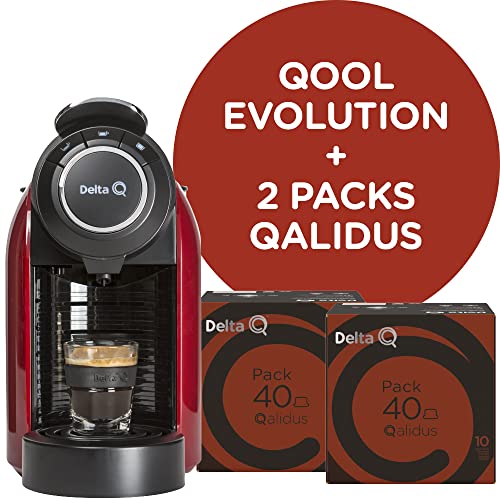 Delta Q - Qool Evolution Roja + 2 packs de 40 cápsulas - Cafetera de cápsulas 19 bares de presión, funcionamiento automático, 3 programaciones de café, depósito de 1 L + 2 Packs 40 capsulas Qalidus