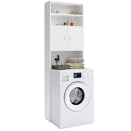 Deuba Mueble Alto para Lavadora Blanco Armario Alto Estante de baño Almacenamiento Mueble con 3 estantes 195 x 63 x 20cm