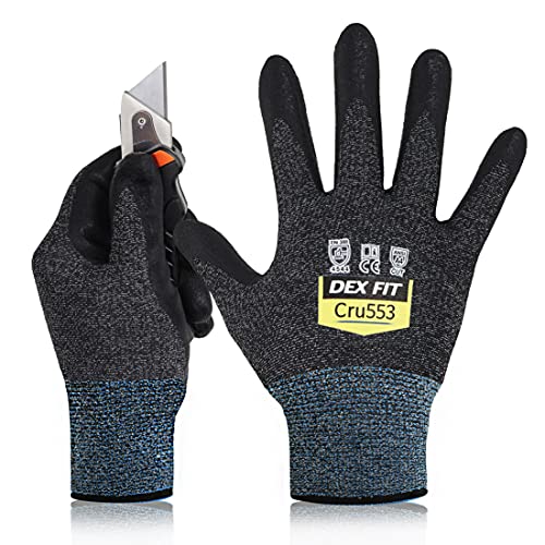 DEX FIT Guantes de Trabajo, Ajuste Cómodo Elástico 3D, Buen Agarre, Recubrimiento de Espuma Duradero de Nitrilo, Táctil, Lavable en la Lavadora, Fino y Ligero, 1 Pare (M, Cut 5 Black Grey Cru553 1pr)