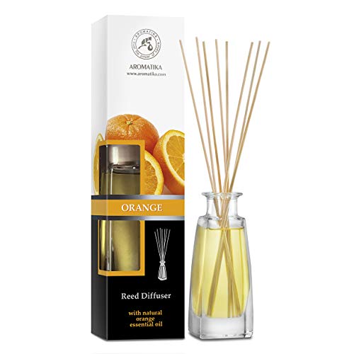 Difusor de Caña Naranja 100ml - 0% Alcohol - Set de Regalo con 8 palitos de bambú es el Mejor para Aromaterapia - Spa - Hogar - Oficina - Gimnasio - Restaurante - Boutique