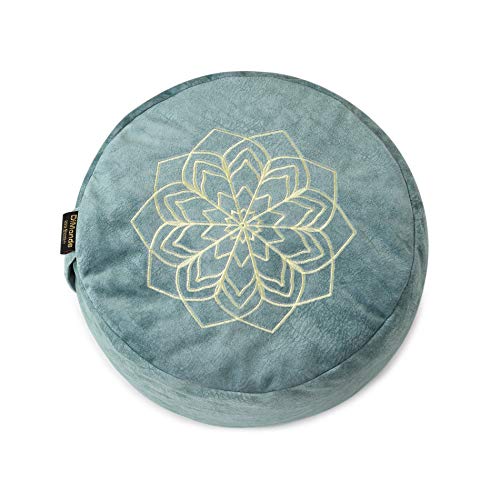 DiMonde Zafu - Cojín de meditación y Yoga Redondo con Bolsa Gamuza – Funda extraíble y Lavable – Relleno de cáscaras de Trigo sarraceno– Asa Lateral – Mandala – Altura 13 cm – Diámetro 33 cm Verde