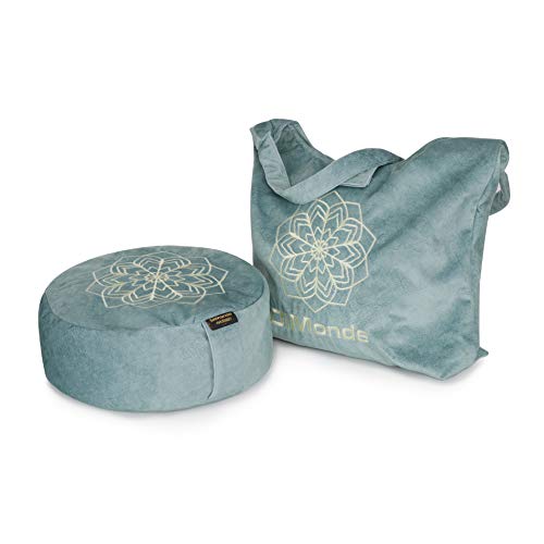 DiMonde Zafu - Cojín de meditación y Yoga Redondo con Bolsa Gamuza – Funda extraíble y Lavable – Relleno de cáscaras de Trigo sarraceno– Asa Lateral – Mandala – Altura 13 cm – Diámetro 33 cm Verde