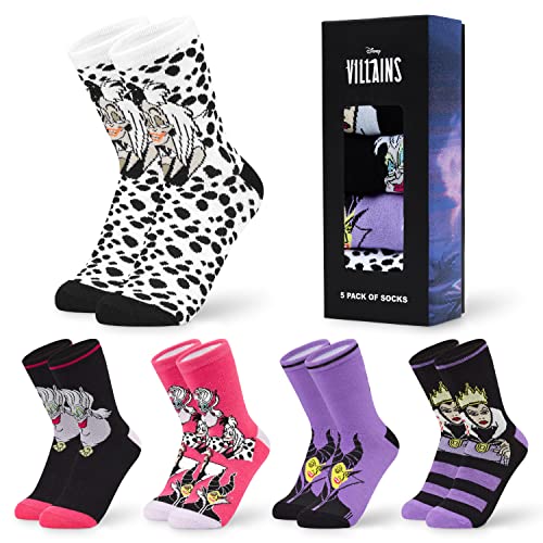 Disney Calcetines Mujer Divertidos de Princesas y Villanas, Pack de 5 Calcetines Altos Mujer, Regalos Originales para Mujer (Villanos Morados)