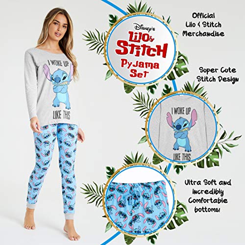 Disney Pijama Mujer Invierno Manga Larga de Stitch (S, Azul/Gris)