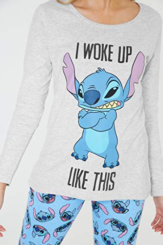 Disney Pijama Mujer Invierno Manga Larga de Stitch (S, Azul/Gris)