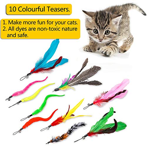 DIWUJI 12 PCS Juguete Pluma de Gato Interactivo, 2 PCS Varita Retráctil y 10 PCS Plumas de Recambio con Campana, Juguete de Cazador de Gatos Interactivo Varita para Ejercitar Gatos y Gatitos