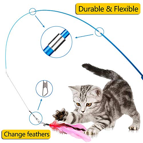 DIWUJI 12 PCS Juguete Pluma de Gato Interactivo, 2 PCS Varita Retráctil y 10 PCS Plumas de Recambio con Campana, Juguete de Cazador de Gatos Interactivo Varita para Ejercitar Gatos y Gatitos