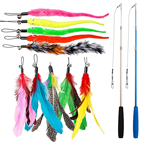 DIWUJI 12 PCS Juguete Pluma de Gato Interactivo, 2 PCS Varita Retráctil y 10 PCS Plumas de Recambio con Campana, Juguete de Cazador de Gatos Interactivo Varita para Ejercitar Gatos y Gatitos