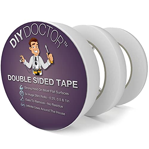 DIY Doctor 3 Rollos Multiuso Doble Cara – Cintas Adhesivas para Manualidades, Fotos, Papel Pintado, álbumes de Recortes, 6 mm, 12 mm, 25 mm, 28 m de largo, Transparente