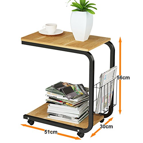 DlandHome Mesa Auxiliar En Forma de U con Ruedas Cesta, Portátil para Sofá Salón Mesa de Centro Soporte para Ordenador para Lectura/Desayuno, Roble