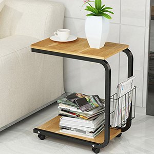 DlandHome Mesa Auxiliar En Forma de U con Ruedas Cesta, Portátil para Sofá Salón Mesa de Centro Soporte para Ordenador para Lectura/Desayuno, Roble