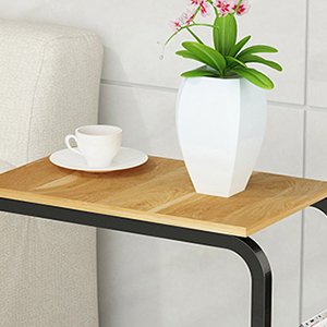 DlandHome Mesa Auxiliar En Forma de U con Ruedas Cesta, Portátil para Sofá Salón Mesa de Centro Soporte para Ordenador para Lectura/Desayuno, Roble