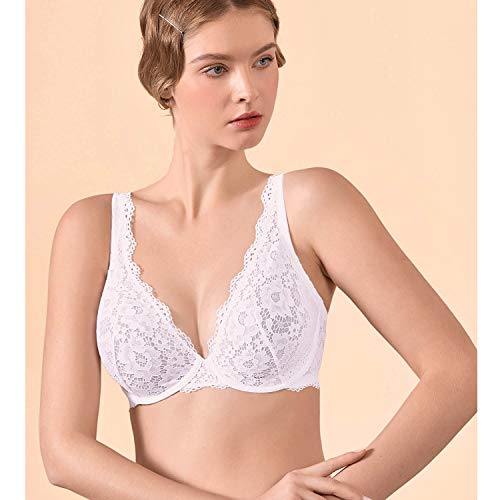 DOBREVA Sujetador Básico Flores Bralette de Encaje con Aros sin Relleno Blanco(sin Relleno) 90D