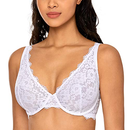 DOBREVA Sujetador Básico Flores Bralette de Encaje con Aros sin Relleno Blanco(sin Relleno) 90D