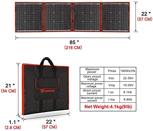 DOKIO Kit Panel Solar Plegable 160W Monocristalino Portátil, Plegable, Imermeable, ideal para la energía solar al aire libre, embarcaciones, camping, caravanas o autocaravanas. para batería de 12V