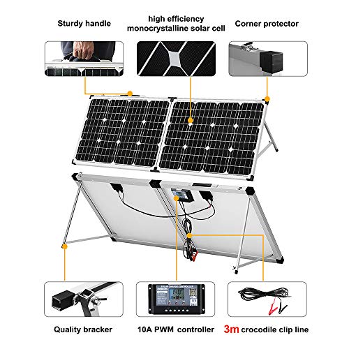 DOKIO Panel solar plegable de 160 W y 18 V con regulador de carga solar PWM (2 puertos USB) para batería de 12 V, incluye bolsa de transporte, camping, adecuado para caravanas, barcos