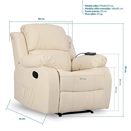 Don Descanso - Sillón Masaje Relax Calor Trevi Crema Reclinable 160º con 8 Motores Silenciosos, Calor Lumbar, Sist. Masaje 4 Zonas y Acabado en PU Anti-Cuarteo [Incluye Mando]. Ideal Gente Mayor