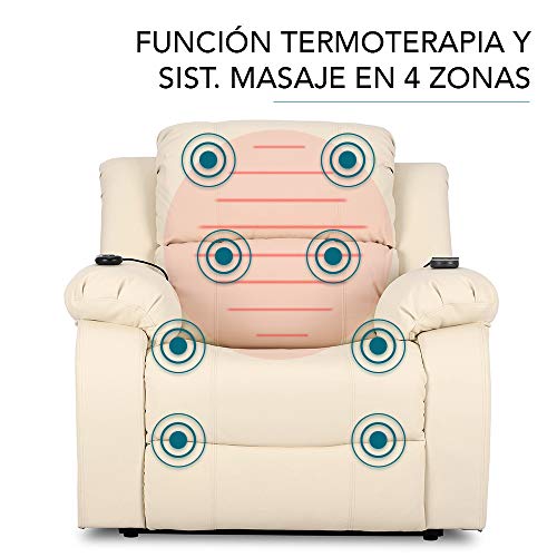 Don Descanso - Sillón Masaje Relax Calor Trevi Crema Reclinable 160º con 8 Motores Silenciosos, Calor Lumbar, Sist. Masaje 4 Zonas y Acabado en PU Anti-Cuarteo [Incluye Mando]. Ideal Gente Mayor