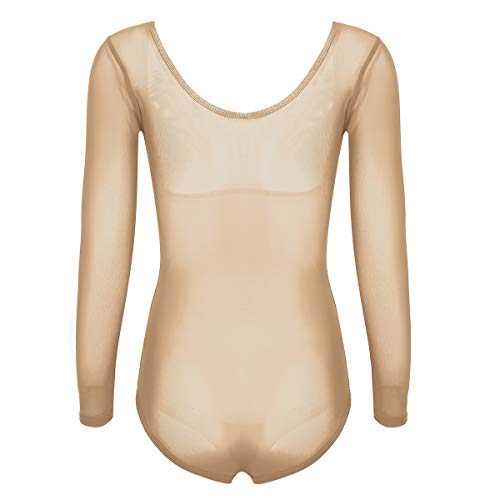 dPois Leotardo Manga Larga de Malla para Mujeres de Danza Maillot Gimnasia Rítmica Body Transparente Bodysuit Corte Alto Elático Dance Body Maillot Ballet Beige One Size