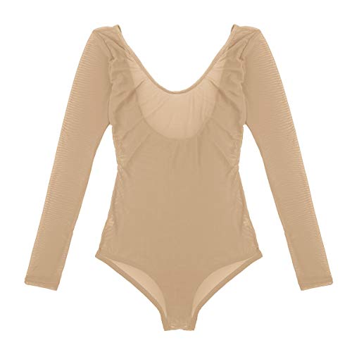 dPois Leotardo Manga Larga de Malla para Mujeres de Danza Maillot Gimnasia Rítmica Body Transparente Bodysuit Corte Alto Elático Dance Body Maillot Ballet Beige One Size